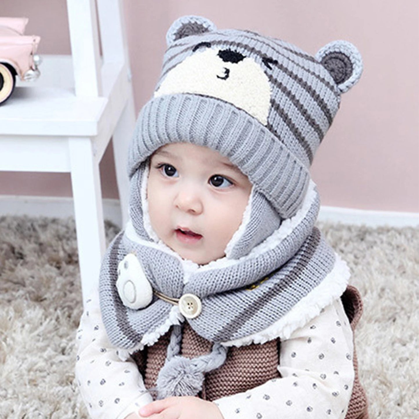 Cute Cartoon Bear Stripe Knit Hat